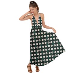 White Flower Pattern On Green Black Backless Maxi Beach Dress by BrightVibesDesign