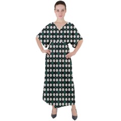 White Flower Pattern On Green Black V-neck Boho Style Maxi Dress by BrightVibesDesign