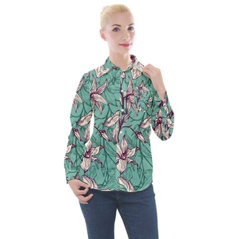 Vintage Floral Pattern Women s Long Sleeve Pocket Shirt by Sobalvarro
