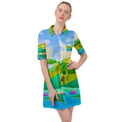 Tropical Resort Huts Lake River Belted Shirt Dress by Simbadda