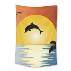 Ocean Sunset Dolphin Palm Tree Small Tapestry by Simbadda