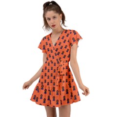 Nerdy 60s  Girl Pattern Orange Flutter Sleeve Wrap Dress by snowwhitegirl