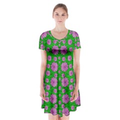 Bloom In Peace And Love Short Sleeve V-neck Flare Dress by pepitasart