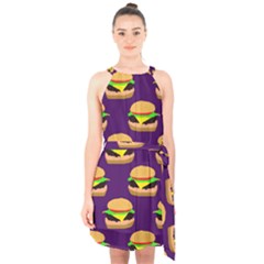 Burger Pattern Halter Collar Waist Tie Chiffon Dress by bloomingvinedesign