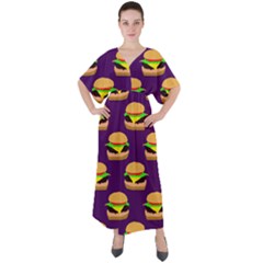 Burger Pattern V-neck Boho Style Maxi Dress by bloomingvinedesign