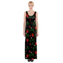 Strawberries Pattern Thigh Split Maxi Dress by bloomingvinedesign