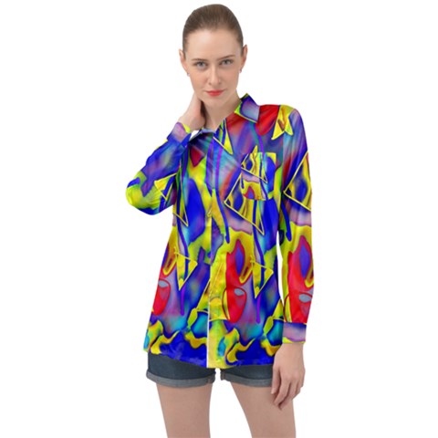 Yellow Triangles Abstract Long Sleeve Satin Shirt by bloomingvinedesign