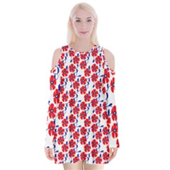 Red Flowers Blue Vines Velvet Long Sleeve Shoulder Cutout Dress by bloomingvinedesign