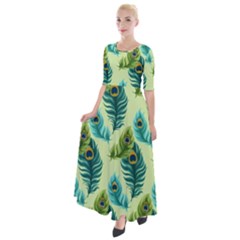 Peacock Feather Pattern Half Sleeves Maxi Dress by Vaneshart