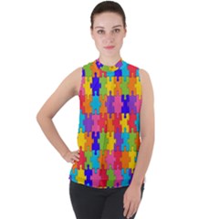 Rainbow Jigsaw Puzzle Mock Neck Chiffon Sleeveless Top by retrotoomoderndesigns