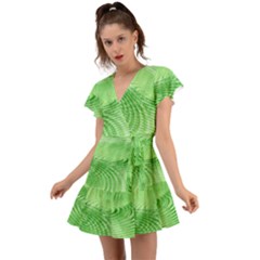 Wave Concentric Circle Green Flutter Sleeve Wrap Dress