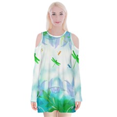 Scrapbooking Tropical Pattern Velvet Long Sleeve Shoulder Cutout Dress
