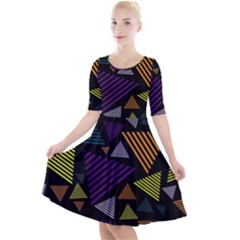 Abstract Pattern Design Various Striped Triangles Decoration Quarter Sleeve A-line Dress by Vaneshart