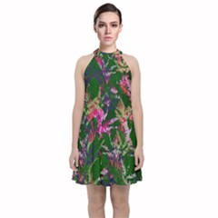 Vibrant Tropical Velvet Halter Neckline Dress  by Vaneshart