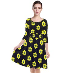 Pattern Yellow Stars Black Background Quarter Sleeve Waist Band Dress by Simbadda