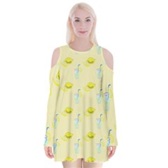 Lemonade Polkadots Velvet Long Sleeve Shoulder Cutout Dress by bloomingvinedesign