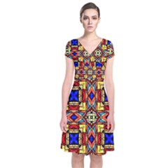 Stained Glass Pattern Texture Short Sleeve Front Wrap Dress by Simbadda