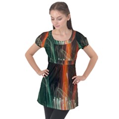 Fireworks Salute Sparks Abstract Lines Puff Sleeve Tunic Top by Vaneshart