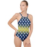 English Breakfast Yellow Pattern Blue Ombre High Neck One Piece Swimsuit