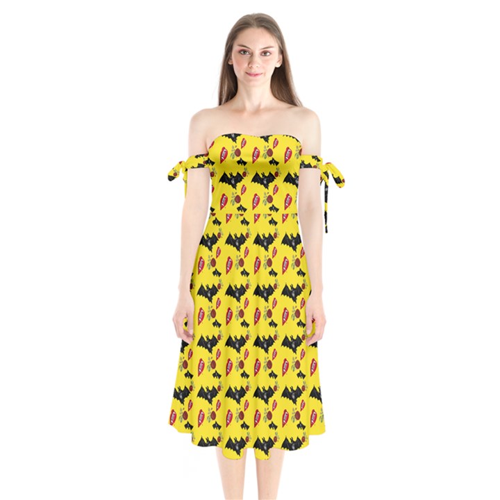 Bat Rose Lips Yellow Pattern Shoulder Tie Bardot Midi Dress