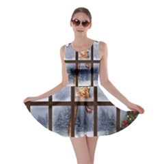Funny Giraffe  With Christmas Hat Looks Through The Window Skater Dress by FantasyWorld7