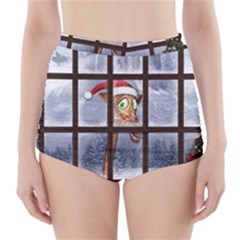 Funny Giraffe  With Christmas Hat Looks Through The Window High-waisted Bikini Bottoms by FantasyWorld7