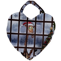 Funny Giraffe  With Christmas Hat Looks Through The Window Giant Heart Shaped Tote by FantasyWorld7