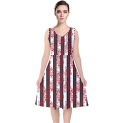 Striped Roses Pattern V-neck Midi Sleeveless Dress  by bloomingvinedesign