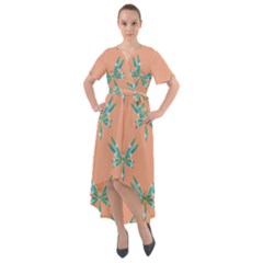 Turquoise Dragonfly Insect Paper Front Wrap High Low Dress