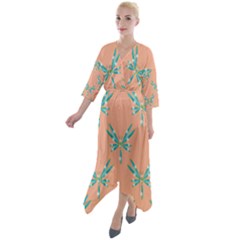 Turquoise Dragonfly Insect Paper Quarter Sleeve Wrap Front Maxi Dress