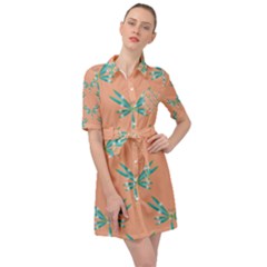 Turquoise Dragonfly Insect Paper Belted Shirt Dress