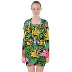 Tropical Greens V-neck Bodycon Long Sleeve Dress by Sobalvarro