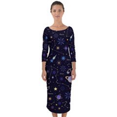 Starry Night  Space Constellations  Stars  Galaxy  Universe Graphic  Illustration Quarter Sleeve Midi Bodycon Dress by Vaneshart