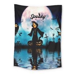 Funny Halloween Design With Skeleton, Pumpkin And Owl Medium Tapestry by FantasyWorld7