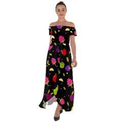 Vector Seamless Summer Fruits Pattern Colorful Cartoon Background Off Shoulder Open Front Chiffon Dress by Vaneshart