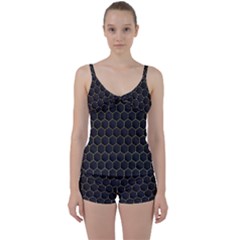 Hexagon Black Background Tie Front Two Piece Tankini by Vaneshart