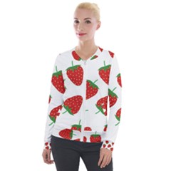Seamless Pattern Fresh Strawberry Velour Zip Up Jacket by Vaneshart