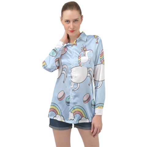 Unicorn Seamless Pattern Background Vector Long Sleeve Satin Shirt by Sobalvarro
