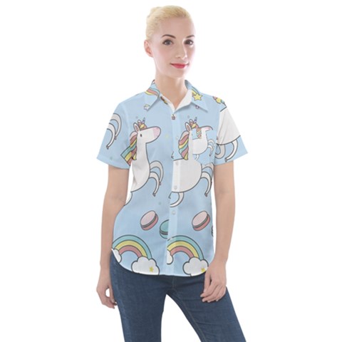 Unicorn Seamless Pattern Background Vector Women s Short Sleeve Pocket Shirt by Sobalvarro