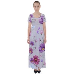 Vector Hand Drawn Cosmos Flower Pattern High Waist Short Sleeve Maxi Dress by Sobalvarro