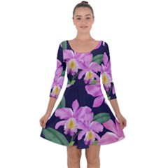 Vector Hand Drawn Orchid Flower Pattern Quarter Sleeve Skater Dress by Sobalvarro