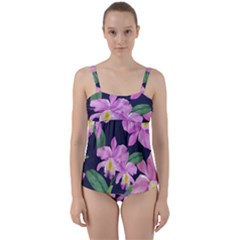 Vector Hand Drawn Orchid Flower Pattern Twist Front Tankini Set by Sobalvarro