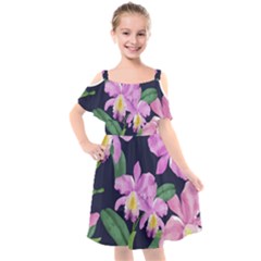 Vector Hand Drawn Orchid Flower Pattern Kids  Cut Out Shoulders Chiffon Dress by Sobalvarro