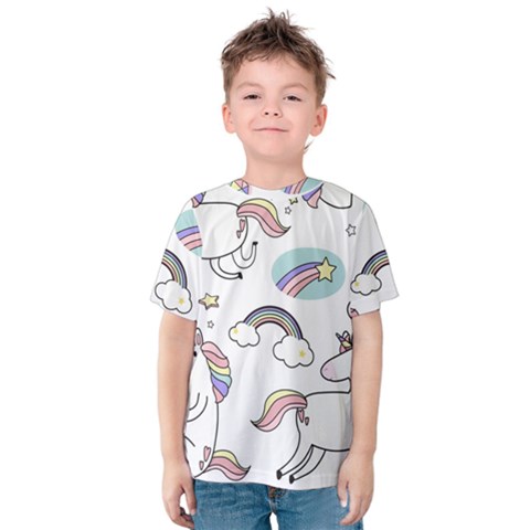 Cute Unicorns With Magical Elements Vector Kids  Cotton Tee by Sobalvarro