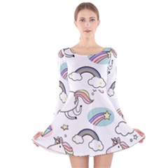 Cute Unicorns With Magical Elements Vector Long Sleeve Velvet Skater Dress by Sobalvarro