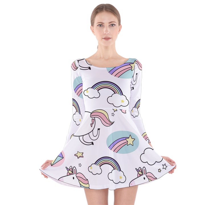 Cute Unicorns With Magical Elements Vector Long Sleeve Velvet Skater Dress