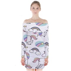 Cute Unicorns With Magical Elements Vector Long Sleeve Off Shoulder Dress by Sobalvarro