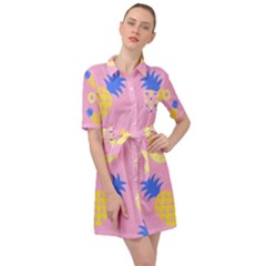 Pop Art Pineapple Seamless Pattern Vector Belted Shirt Dress by Sobalvarro