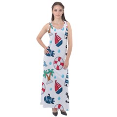 Seamless Pattern Nautical Icons Cartoon Style Sleeveless Velour Maxi Dress by Vaneshart