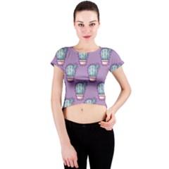 Seamless Pattern Patches Cactus Pots Plants Crew Neck Crop Top by Vaneshart
